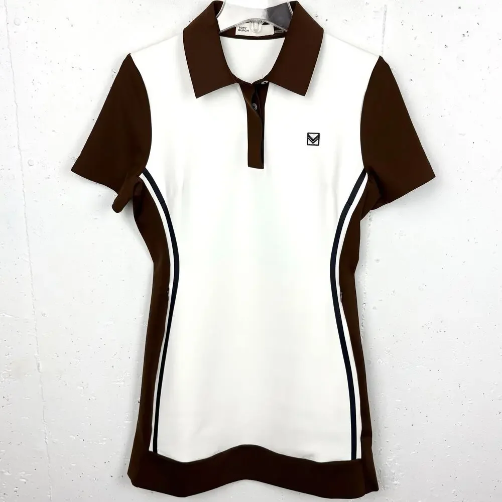 Tory Burch Italian Neoprene Golf Polo Dress ALine Mini Zip Pockets Brown Medium